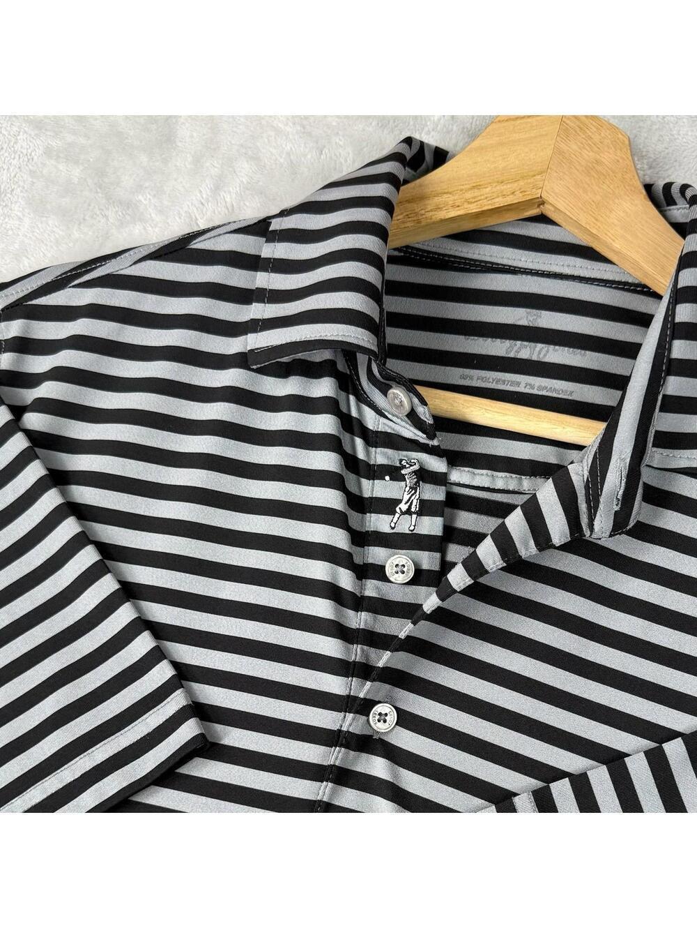 Bobby Jones Golf Collection Polo Shirt Men Size M Black Gray Striped Dry Quick
